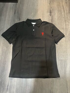 Ami Paris Black Polo with Red Heart Logo - MEDIUM